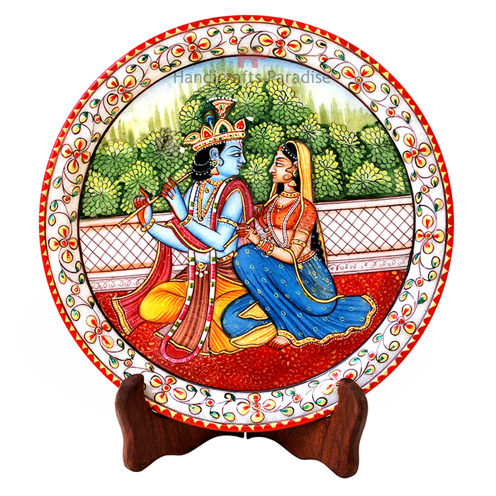 HANDICRAFTS PARADISE MARBLE RADHA KRISHAN ROUND DECORATIVE PLATE