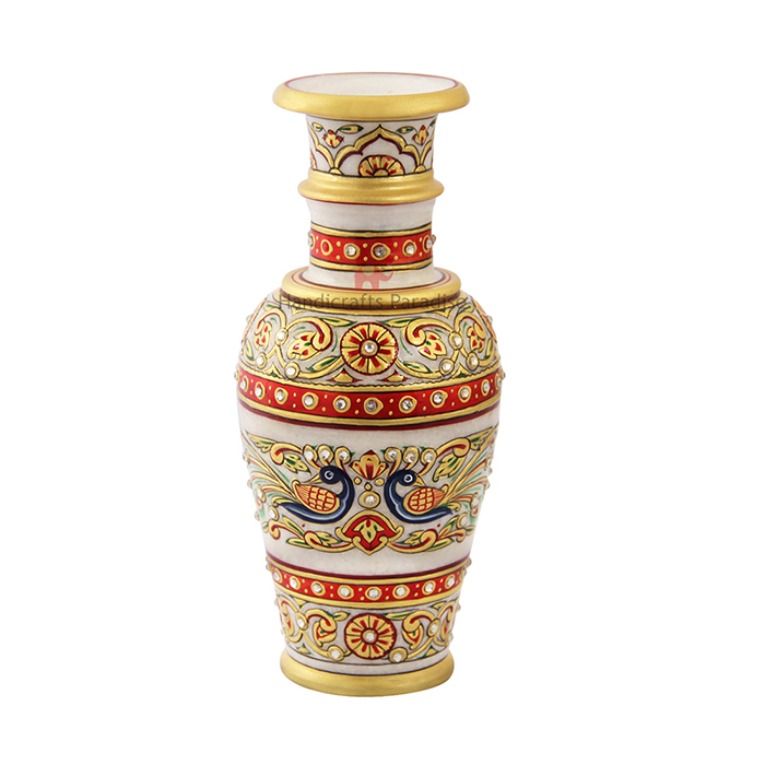 Marble flower Vase with beautiful peacock design by Handicrafts Paradise