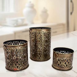 Handicrafts Paradise Intricate Cut Work container with Handles Showpiece for Home decor in Wrought Iron Set of 3 - 5, 7 , 10.5 Inch