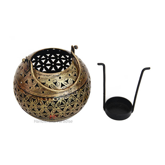 Handicrafts Paradise Antique Cut Work Tea Light with a handle Showpiece Gift item for Home decor in Wrought Iron - 5.25 inches - Image 3