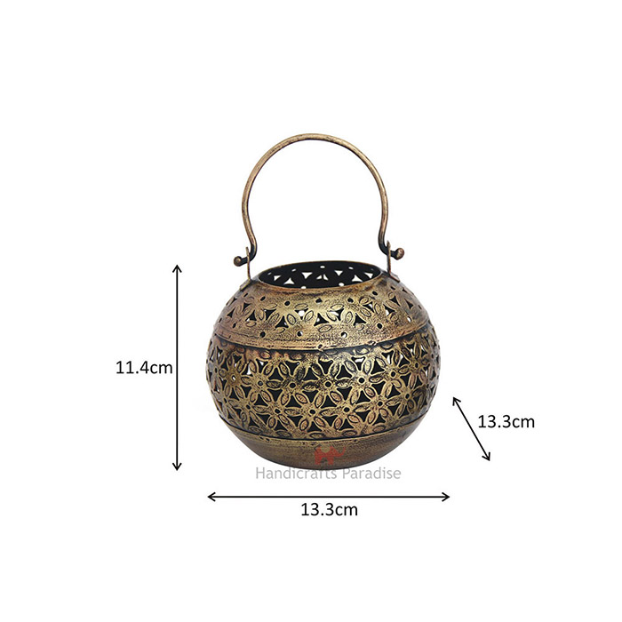 Handicrafts Paradise Antique Cut Work Tea Light with a handle Showpiece Gift item for Home decor in Wrought Iron - 5.25 inches - Image 6