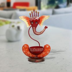Handicrafts Paradise Hand Painted Orange Lord Ganesha Tea Light Showpiece Gift item for Home decor in Wrought Iron - 11 inches