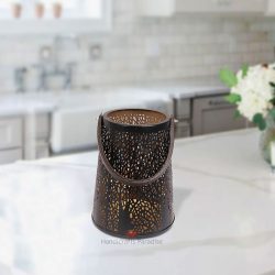 Handicrafts Paradise Intricate Cut Work Tea Light with Leather Handle gift item Showpiece Gift item for Home decor  in Wrought Iron - 11.45 inch