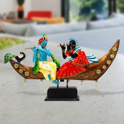Handicrafts Paradise Iron Radha Krishna Sitting on Boat Showpiece 21.5 x 2.5 x 12.75 Inch