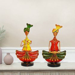 Handicrafts Paradise Tribal Rajasthani Musicians in Iron Handmade Decorative Gift Item Showpiece for Home decor, Multicolour (12.75 inch) - Set of 2pc