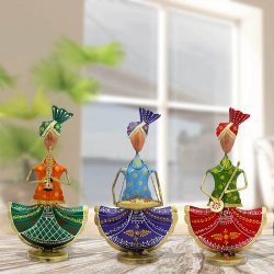 Handicrafts Paradise Tribal Rajasthani Musicians in Iron Decorative Gift Item Showpiece for Home decor, Multicolour (13.5 inch) - Set of 3pc