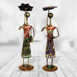 Handicrafts Paradise Wrought Iron Doll Set Decorative Gift Item Showpiece for Home Decor, Multicolour, 12 inch, 2 Piece