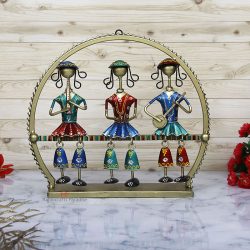 Handicrafts Paradise Wrought Iron Showpiece Girls Playing Music Seated on Stool with Ring all over , 13 inch