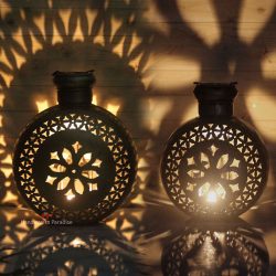 Handicrafts Paradise Kudi Shape Tealight Holder Cut Work Wrought Iron Showpiece for Homedecor , 8.5 and 9.75 inch , set of 2pc