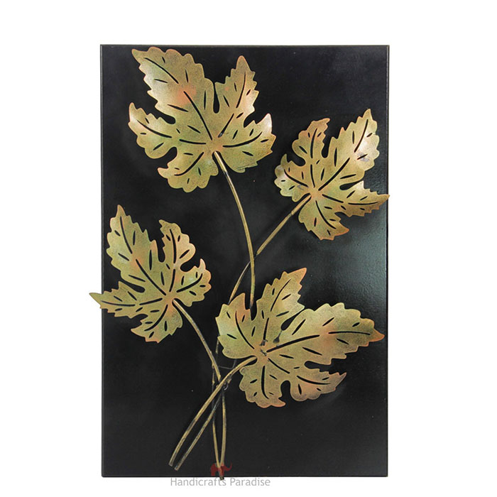 Handicrafts Paradise Decorative Leaves Wall D?cor Showpiece for Home D?cor in Wrought Iron and Wooden Base - 14 x 21 inch