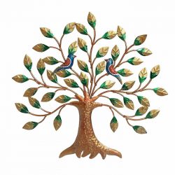 Handicrafts Paradise Wrought Iron Tree with 2 Birds Wall D?cor for Living Room/Hotel/Restaurant/Bedroom/Drawing Room ( Multicolor ) (17 x 16 inch )