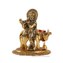 Handicrafts Paradise Metal Krishna with Cow in Antique Golden Finish showpiece,(Pack of 1)