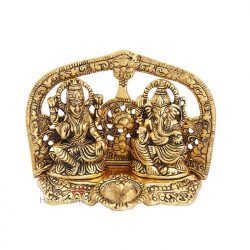 Handicrafts Paradise Metal Lakshmi Ganesh Seated with Diya Showpiece Figurine, Gold, 6.5 X 2.5 X 4.5 Inch, 1 Pcs