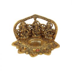 Handicrafts Paradise Metal Lakshmi Ganesh Saraswati Seated with Mehrab Figurine, Gold, 9 X 6 X 4.5 Inch, 1 Pcs