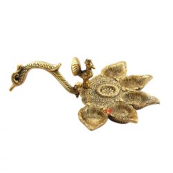 Handicrafts Paradise Metal Diya with Peacock Handle Antique Gold Plated 9 X 7.5 X 2.75 Inch