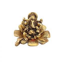 Handicrafts Paradise Metal Ganesha On Flower Figurine, Gold, 5 X 3 X 3 Inch, 1 Pcs
