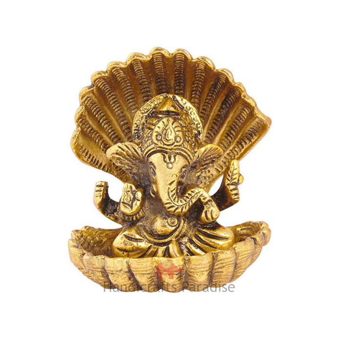 Handicrafts Paradise Metal Ganesha with Snakes Showpiece Figurine, Gold, 3.5 Inch, 1 Pcs