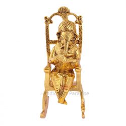 Handicrafts Paradise Metal Ganesha Seated On Chair Reading Book in Metal Gold Plated 10.5 Inch
