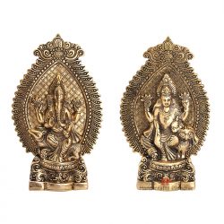 Handicrafts Paradise Metal Lakshmi Ji and Ganesh Figurine, Gold, 10.5 Inch, 2 Pcs
