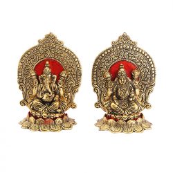 Handicrafts Paradise Metal Lakshmi Ganesh Showpiece with Beautiful Carving Around It Seated On Lotus 6.25 Inch