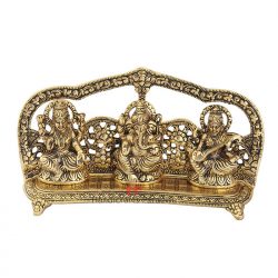 Handicrafts Paradise Metal Ganesha Lakshmi and Saraswati Figurine, Gold, 10 x 2.5 x 5.25 Inch, 1 Pcs