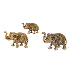 Handicrafts Paradise Metal Elephant Set of 3 Pc Antique Golden Finish 7 Inch