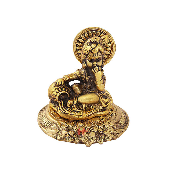 Handicrafts Paradise Bal Krishna Eating Butter from Handi in Metal Antique Gold Finish Statue (Golden)