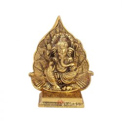 Handicrafts Paradise Metal Ganeshsa With Leaf Back Drop In Antique Golden Finish 5 Inch