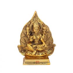 Handicrafts Paradise Metal Lakshmi Ji with Leaf Back Drop in Antique Golden Finish, 5 inch, 1 Piece