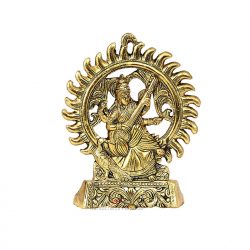 Handicrafts Paradise Metal Goddess Saraswati Playing Veena with A Halo Figurine, Gold, 8.5 Inch, 1 Pcs