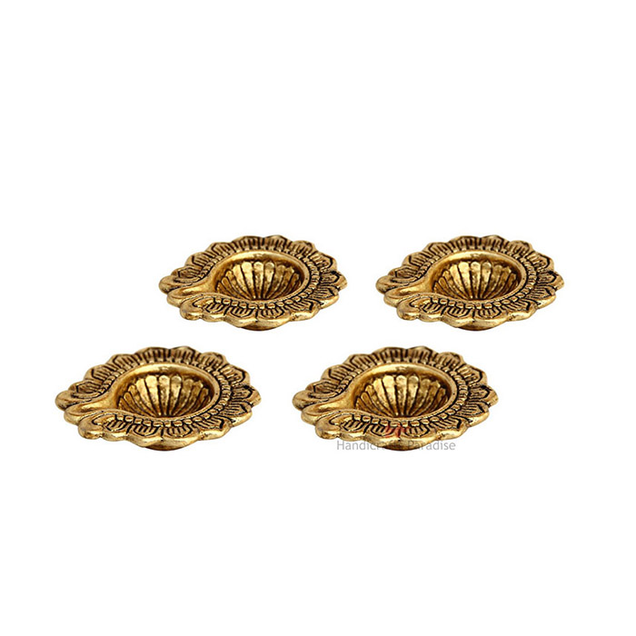 Handicrafts Paradise Diya Set of 4 with Antique Golden Finish in Metal 3 Inches