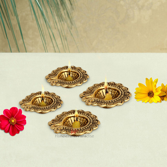 Handicrafts Paradise Diya Set of 4 with Antique Golden Finish in Metal 3 Inches - Image 2