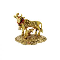 Handicrafts Paradise Metal Cow Mother and Child Sculpture Showpiece Figurine Gold, 3.5 Inches, 1 Pcs