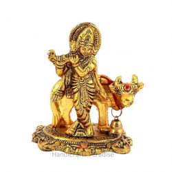 Handicrafts Paradise Metal Krishna with Cow in showpiece Figurine, Gold, 4 Inches, 1 Pcs